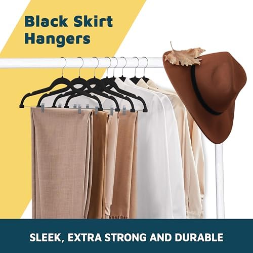Lifemaster Velvet Skirt Hangers – with Adjustable Clips, 360 Degree Swivel Hook, and Non-Slip Shoulder Notch, Holds Up to 10 lbs, for Organizing Skirt, Pants, Dress, and Clothes, Pack of 50, Black