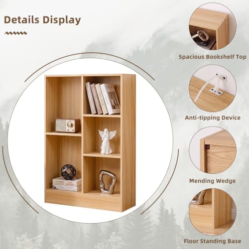 YAHARBB 3 Tier 5 Cube Thin Storage Organizer,Small Shallow Bookcase,Natural
