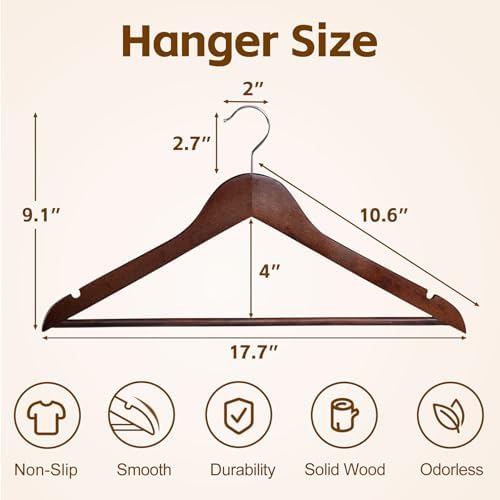 SUPER DEAL Wooden Hangers 50 Pack, Suit Hangers with Shoulder Notches 360 Swivel Chrome Hook Smooth Finish Non-Slip for Coat, Strap, Dress, Shirt, Pant, Jacket, Brown