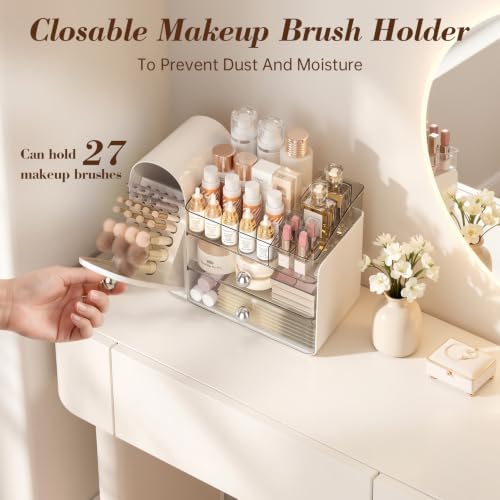 Delamu Large Makeup Organizer for Vanity, Closed Makeup Brush Holder, White
