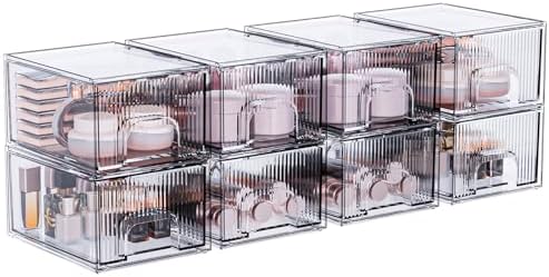 ZHIAI 8 Pack Clear Stackable Storage Drawer, Acrylic Drawer, Cosmetic Organizer, Plastic Organizer for Dresser, Under, K