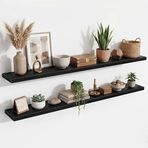 72 Inch Floating Shelves for Wall Set of 2,9.3" Deep Wall Shelves,Rustic Wood Wall Mounted Book Shelves with Invisible B