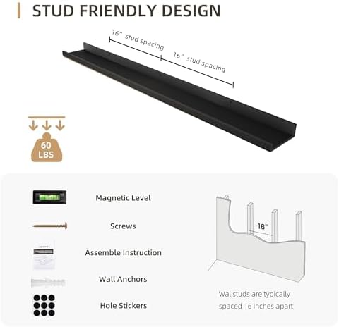 Acovy Picture Ledge Shelf, Wood Long Floating, Set of 2, 48 inch, Black