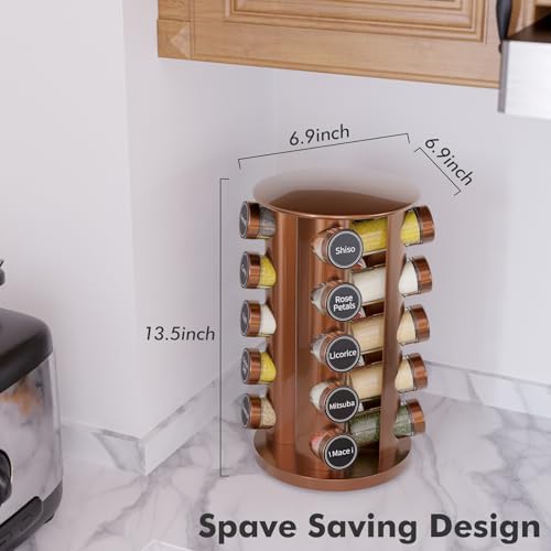 New England Stories Revolving Spice Rack Set with 20 Spice Jars, Kitchen Spice Tower Organizer for Countertop or Cabinet