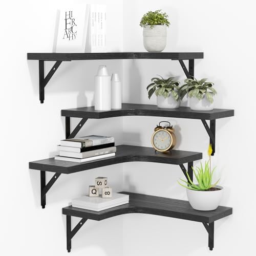 ROMGUAR CRAFT Corner Floating Shelves Wall Mounted Set of 4, Black