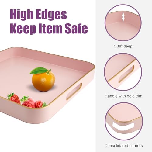 Gifturbo Pink Square Decorative Tray,Serving Tray with Handles with Gold Trimming Plastic Coffee Table Tray for Ottoman,
