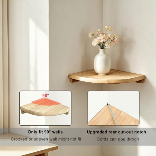 Solid Wood Floating Corner Shelf, 7.1 in Wall Mount Round End