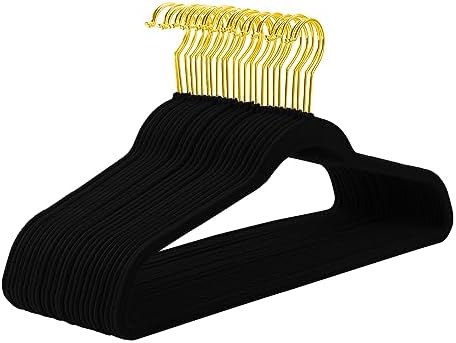 MIZGI Black Velvet Hangers, Premium Gold Finish, Non-Slip Felt, Heavy Duty, Durable Suit Hangers, Space Saving - 60 Pack