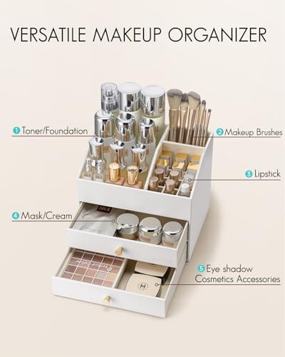 VLANDO 3-Layer Makeup Organizer with 2 Large Drawers for Vanity,White