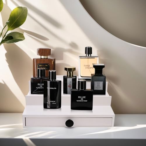 3 Tier Men's Cologne Organizer, White Wooden Display Stand with Drawer