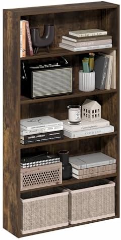 Furinno Basic Book Shelf, 5-Tier Bookshelf, Storage Organizer Bookcase with Open Shelf, 7 x 24 x 44, for Living Room, Be