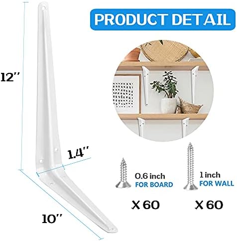 20 Pack Shelf Brackets 12 Inches White, Heavy Duty Steel Metal L Brackets for Shelves, J Brackets Wall Angel Corner Brac