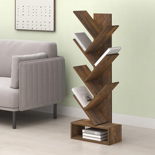Ipoh Tree Book Shelf, 7-Tier Tree Bookcase, with Bottom Shelf, for Narrow Space, Books, CDs, Magazines, Rustic Brown