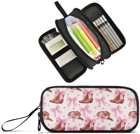 Wfrish Big Capacity Pencil Case for Girl Boy Cowgirl Hat Boots Pink Bow Student Pencil bag Pen Pouch Large Stationery 3 Compartments Zippers Organizer School College Office Teens Adults