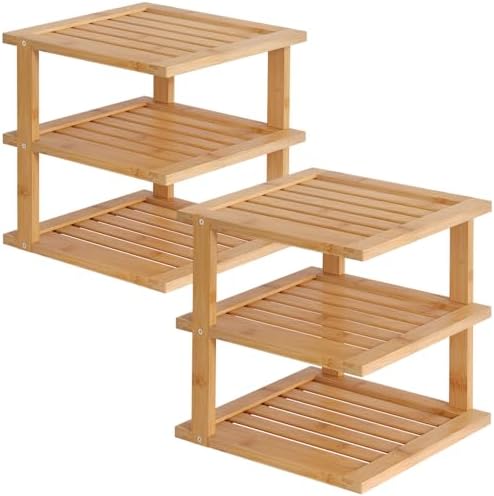 2 Pack Bamboo Corner Shelf,3 Tier Kitchen Cabinet Organizer for Plates and Dishes,Pantry Storage and Spice Rack（Natural）