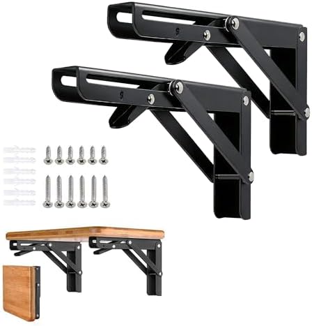 Folding Shelf Brackets - 8 inch 2 Pcs Heavy Duty Metal Collapsible Shelf Bracket, DIY Wall Mounted Foldable Shelf Bracke