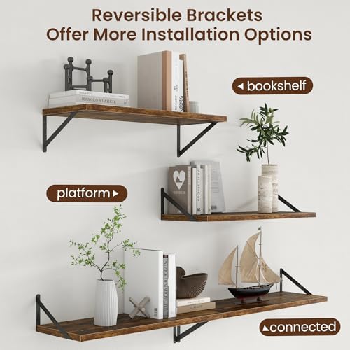 Axeman Deep Floating Shelves - 30 Inch Floating Shelves Set of 2-12 Inch Deep Brown Wood Wall Shelves for Living Room Ba
