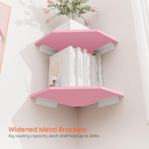 Homode Corner Floating Shelves, Corner Wall Shelf with Cord Hole, 2 Tier Wood Hanging Corner Shelf for Bathroom, Bedroom