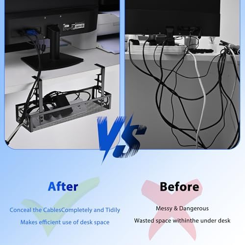 Under Desk Cable Management Tray Small – Clamp-Mounted Wire Organizer & Cord Management Under Desk Rack, No-Drill Metal 