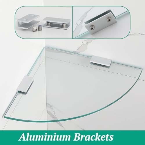 2-Pack Glass Corner Shower Shelves with Aluminium Brackets, 9.5 X 9.5 Tempered Glass Bathroom Shelf, Wall Mounted Organi