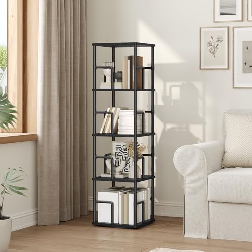 MAHANCRIS 4-Tier Rotating Bookshelf, Freestanding Corner Bookshelf, 360° Spinning Bookcase, Industrial Style Storage Rac