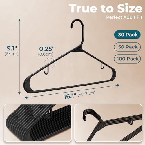 HOUSE DAY Black Plastic Hangers 30 Pack, Slim Space-Saving Clothes Hangers