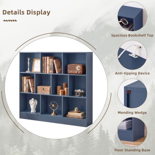 YAHARBO 3 Tier 10 Cube Long Horizontal Bookshelf, Under Window, Dark Blue