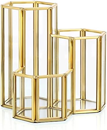 Hipiwe 3 Slots Glass Makeup Brush Holder - Gold Desktop Pen/Pencil Holder