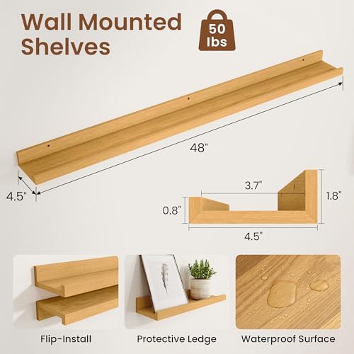 Heimlove Picture Ledge Shelf,48 inch Long Floating Shelves for Wall Set of 2,Picture Shelf with Lip for Wall Decor,Livin