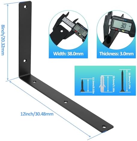 L Floating Shelf Brackets,8 Pack Heavy Duty L Brackets for Shelves, L 12" X H 8" Black Metal Countertop Support Brackets