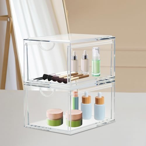 CECOLIC 2 Pack Stackable Cosmetic Organizer Drawers, Clear Acrylic Makeup Storage Organizer Box, Plastic Storage Bins Va