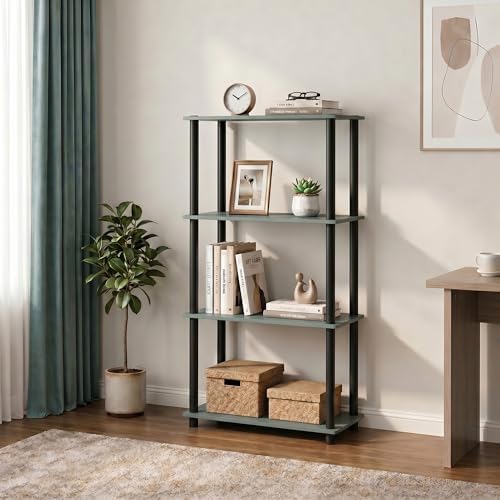 Furinno Turn-N-Tube Toolless Assembly Storage Shelves, 4-Tier Green Book Shelf, Open Storage Bookshelf, for Organization