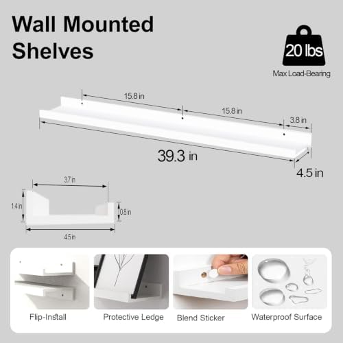 White Floating Shelves for Wall Decor, 40 in Shelf with Lip Set of 2