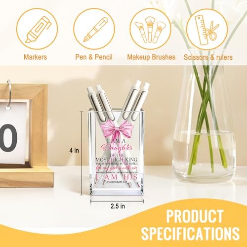 I Am A Daughter of The Most High King Acrylic Cosmetic Pencil Pen Holder Cup, Bible Verse Christian Gifts for Daughter Mom Sister BFF Aunt Women, Inspirational Graduation Birthday Gifts for Girl