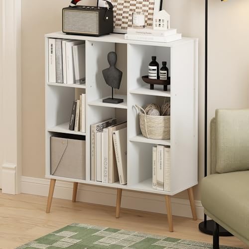 Furinno Claude Mid Century Style Book Shelf, 8-Cube Bookshelf, Cube Storage Organizer Bookcase with Wood Legs, 10.9 x 31