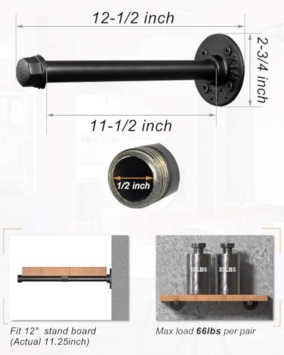 LuckIn 12-Inch Pipe Shelf Brackets, Industrial Iron, Heavy Duty, 6 Pack, Black
