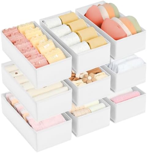 DIMJ Drawer Organizer Clothes - Underwear Organizer Small Sock Organizer Box Dresser Organizer,Drawer Dividers for Baby Clothes,Bra,Socks, Belt, Tie, Set of 9,White