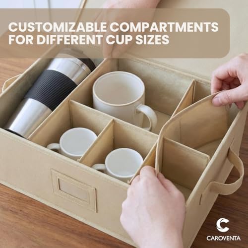 Mug Storage Box Set of 2 with Lid – 12 Compartment Coffee Cup Organizer for Cabinet & Pantry – Stackable Linen-Style Sto