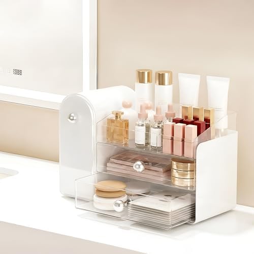 lurcns Makeup Organizer with Dustproof Brush Holder for Vanity, Large Cosmetics Organizer and Bathroom Countertop Skinca