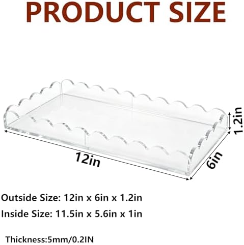 Clear Scalloped Acrylic Tray 5mm Thicken for Vanity Makeup, Perfume, Soap Dispenser, Napkin,12x6''Decorative Serving Tra