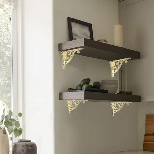 Ornate Decorative Shelf Brackets 10 inch Small Wall Mounted Shelving Bracket 4 Pack Polished Brass Vintage Shelf Bracket