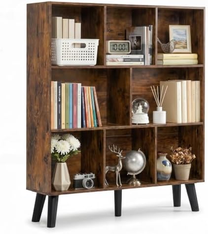 YAHARBO 8 Cube Brown Bookshelf,3 Tier Book Shelf with Legs,Modern Minimalist Bookcase,Open Book Shelves Storage Organize
