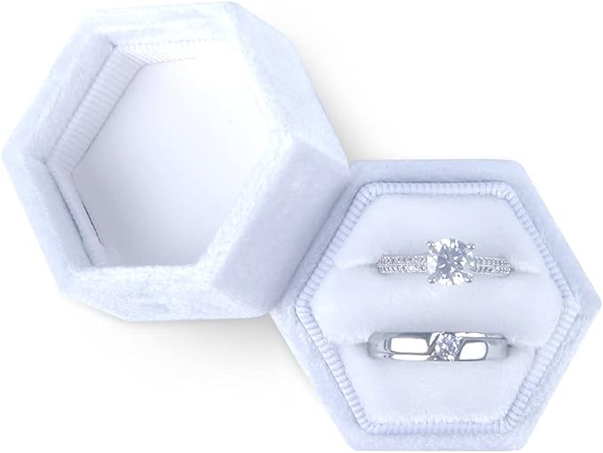 DesignSter Velvet Ring Box Hexagon - Premium Gorgeous Vintage Double Ring Display Holder with Detachable Lid for Proposal, Engagement, Wedding, Ceremony (White)