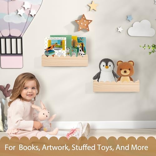 Wood Floating Shelves for Wall ,Nursery Bookshelf,Kids Book Shelf ,Baby Toys Storage Decor Organizer Wall Mounted for Li
