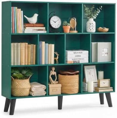 YAHARBO 10 Cube Bookshelf,3 Tier Bookcase with Legs,Dark Green Mid-Century Modern Bookshelves,Large Free Standing Open S