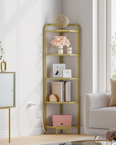Hzuaneri Corner Shelf with LED Lighting, 5-Tier Glass Bookshelf
