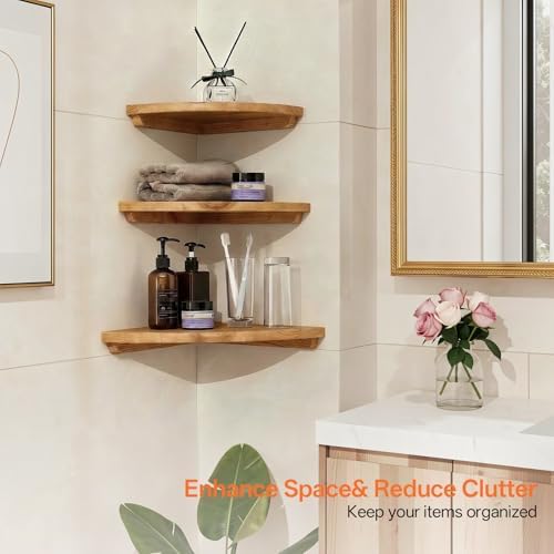 Gieanoo Corner Floating Shelf 16inch Solid Oak Wood Floating Corner Shelf with Wire Hole Corner Wall Mount Storage Displ