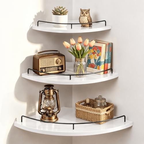 Homode Corner Wall Shelves, 3 Tier Wooden Corner Floating Shelves, White