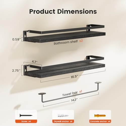 Amada Bathroom Shelves with Towel Bar, Set of 2, Black
