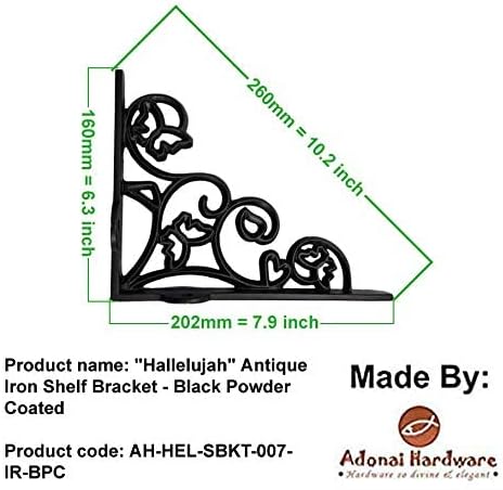Adonai Hardware "Hallelujah" Black Antique Iron Shelf Bracket (Supplied as 2 Pieces per Pack) - Black Powder Coated